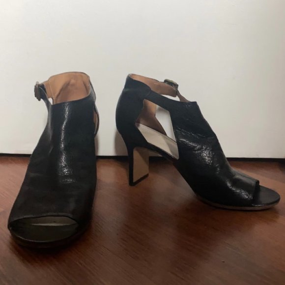 MMM Black Pebble Leather 3" Open Toe Heels - Picture 1 of 7